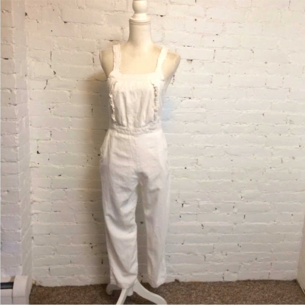 Rue Stiic Anthropologie ruffle trim cropped white jumpsuit small
